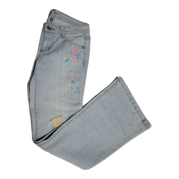 l.e.i Ashley Trouble Blue Light Wash Flare Leg Paint Splatter Jeans Y2K - Picture 2 of 9